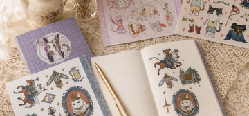 TEAPURR sticker journaling table with Fantasy Knight sheet and Petit à Petit notebook